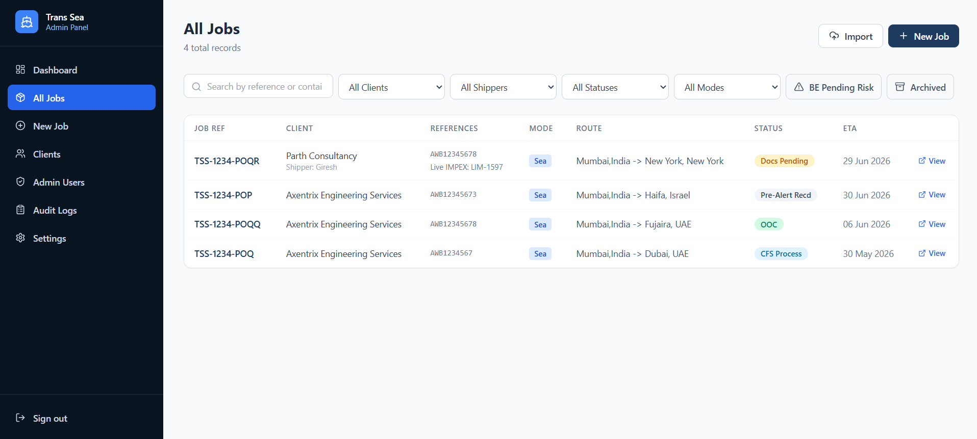 Logistics shipment management list