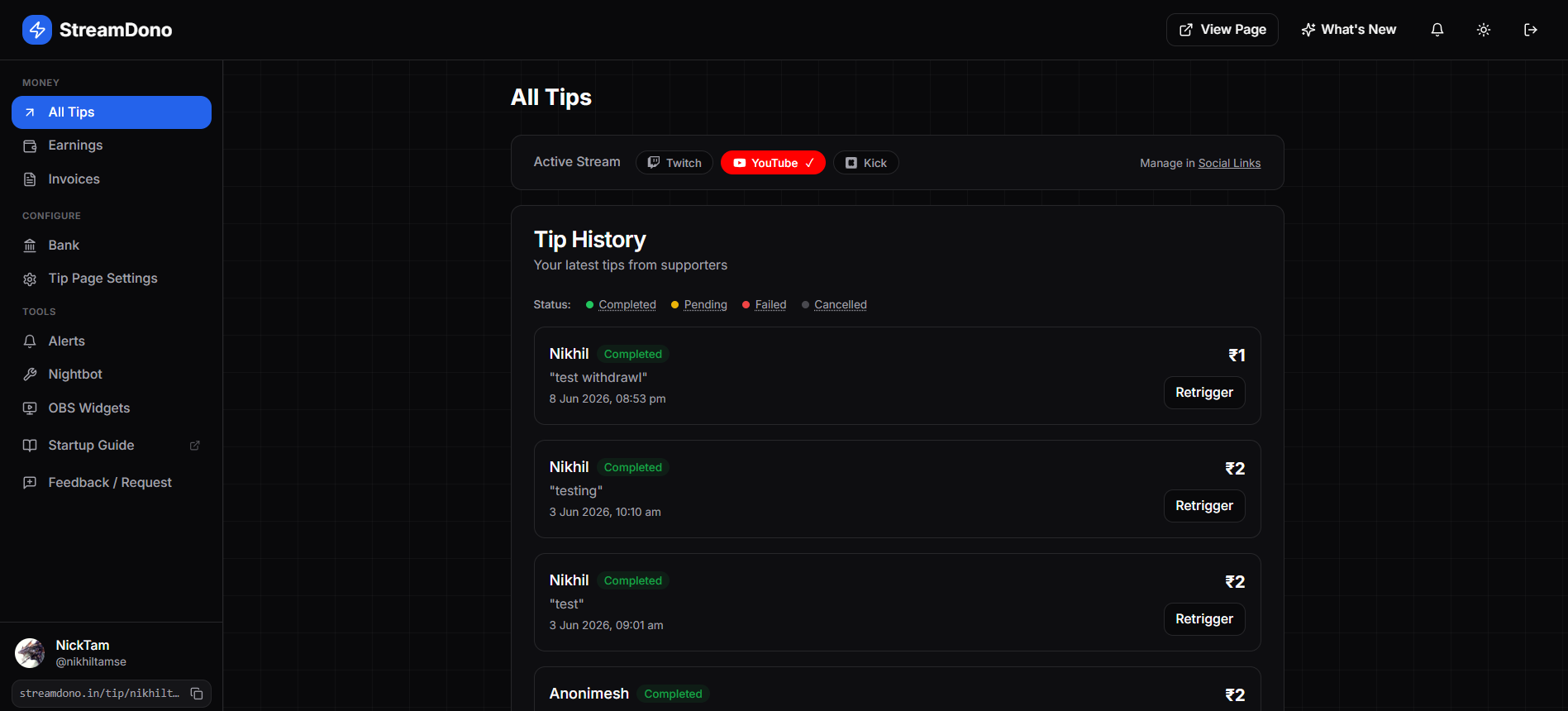 Streamdono creator tip dashboard