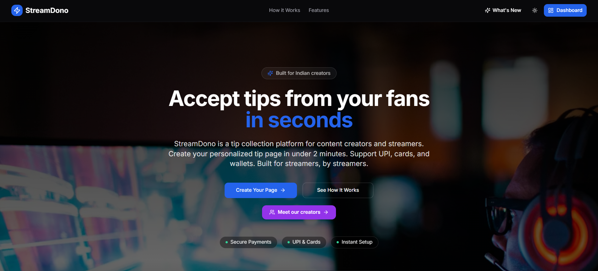 Streamdono creator tipping platform landing page