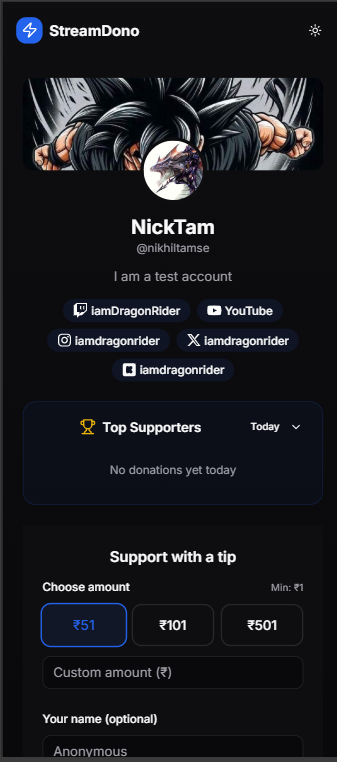 Streamdono mobile tipping page